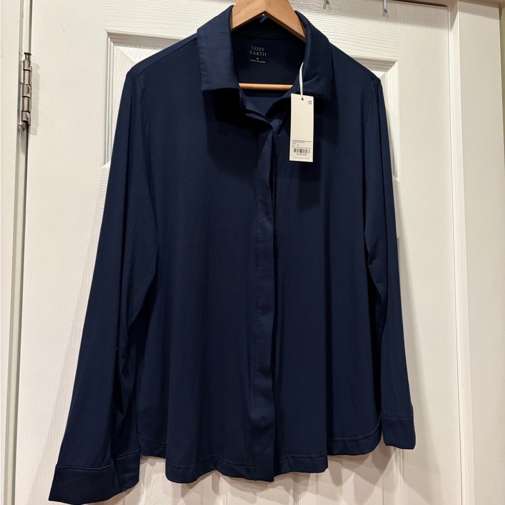 Cozy Earth Women’s Bamboo Stretch-Knit Collared Navy Button Down Shirt
